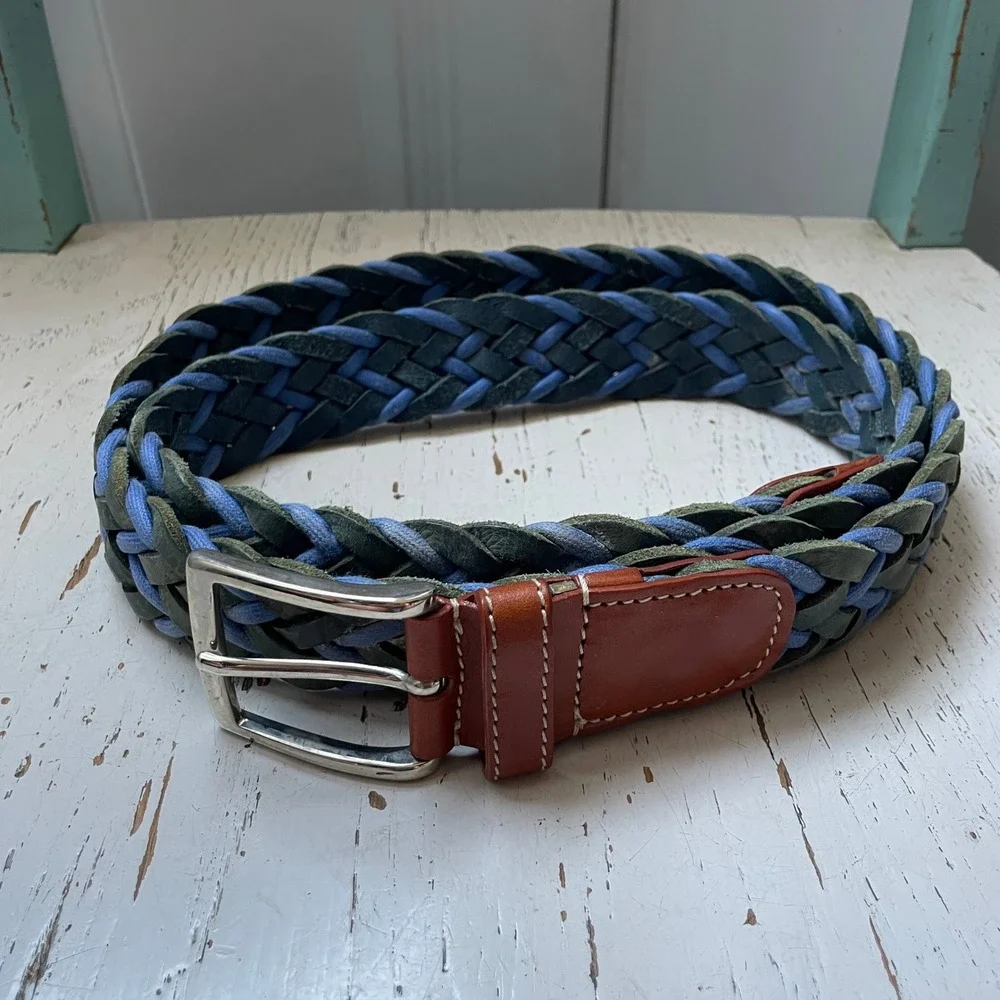 Tuttle Mens Braided Leather Textile Two Tone Blue Made in Italy Size 44 Golf
